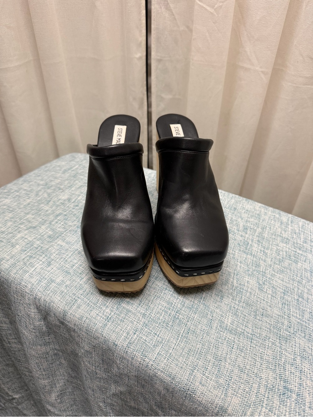 Alara Black Leather Platform Clogs with Wood-Effect Sole